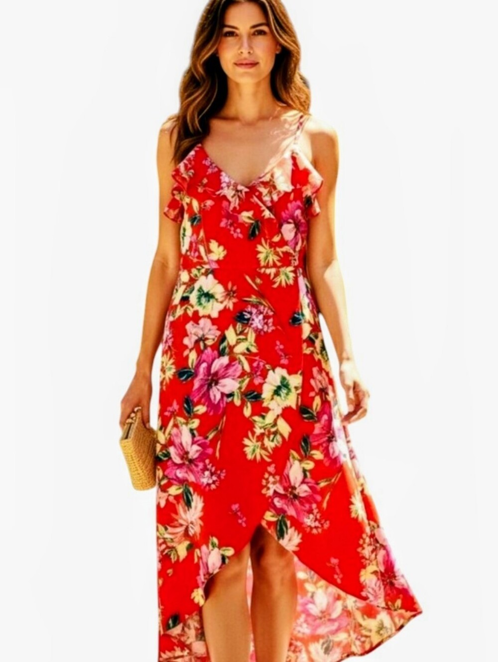 By & By Red Floral Cold-Shoulder Midi Dress - Hi Low Wrap Speghetti Strap Sz.L